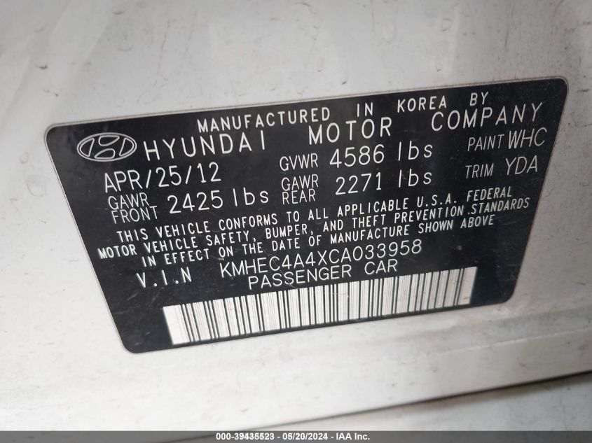 2012 Hyundai Sonata Hybrid VIN: KMHEC4A4XCA033958 Lot: 39435523