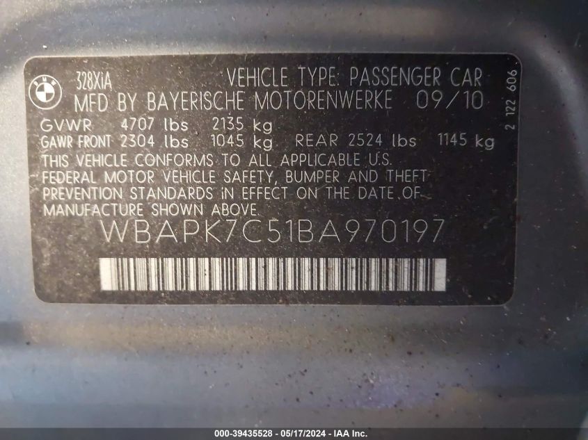 2011 BMW 328I xDrive VIN: WBAPK7C51BA970197 Lot: 39435528