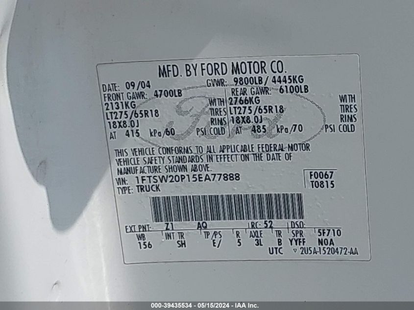 2005 Ford F-250 Lariat/Xl/Xlt VIN: 1FTSW20P15EA77888 Lot: 39435534