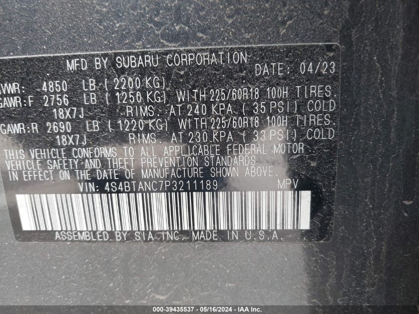 2023 Subaru Outback Limited VIN: 4S4BTANC7P3211189 Lot: 39435537