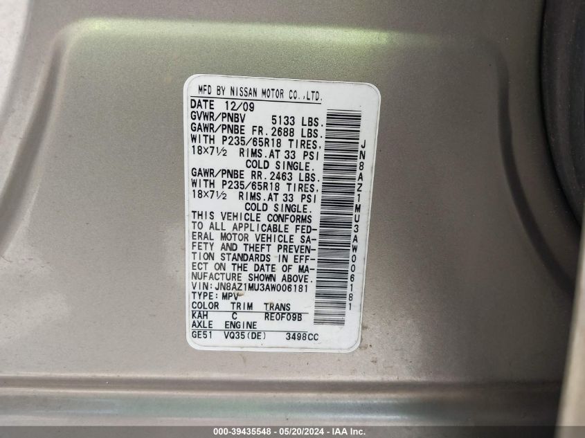 2010 Nissan Murano Sl VIN: JN8AZ1MU3AW006181 Lot: 39435548