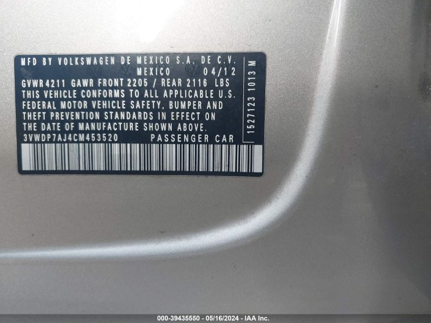 2012 Volkswagen Jetta 2.5L Se VIN: 3VWDP7AJ4CM453520 Lot: 39435550