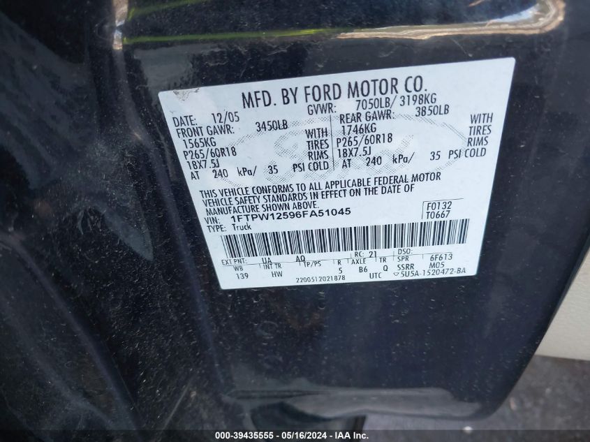 2006 Ford F-150 Lariat/Xlt VIN: 1FTPW12596FA51045 Lot: 39435555