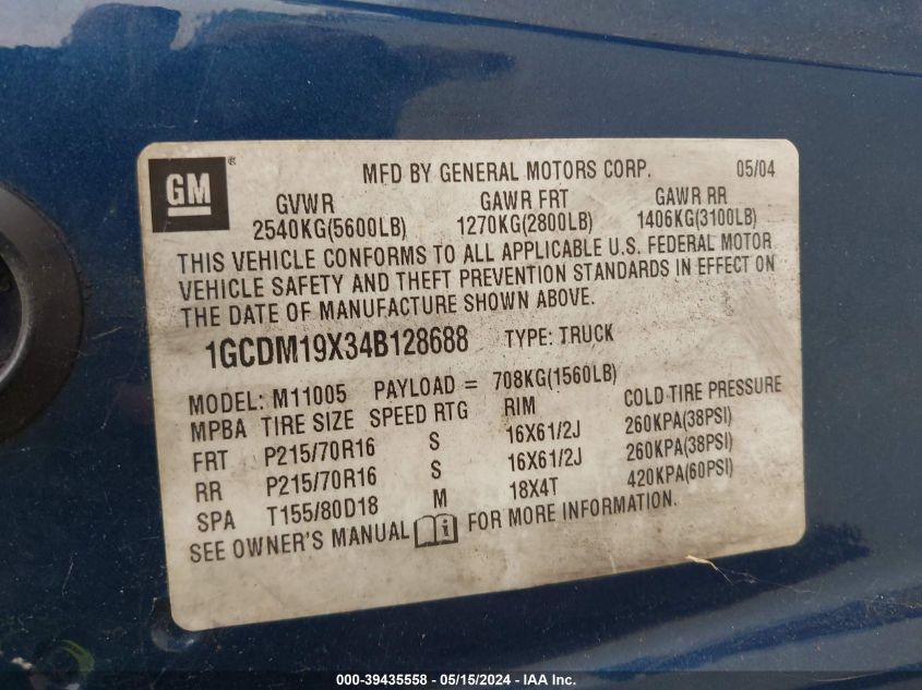 2004 Chevrolet Astro VIN: 1GCDM19X34B128688 Lot: 39435558