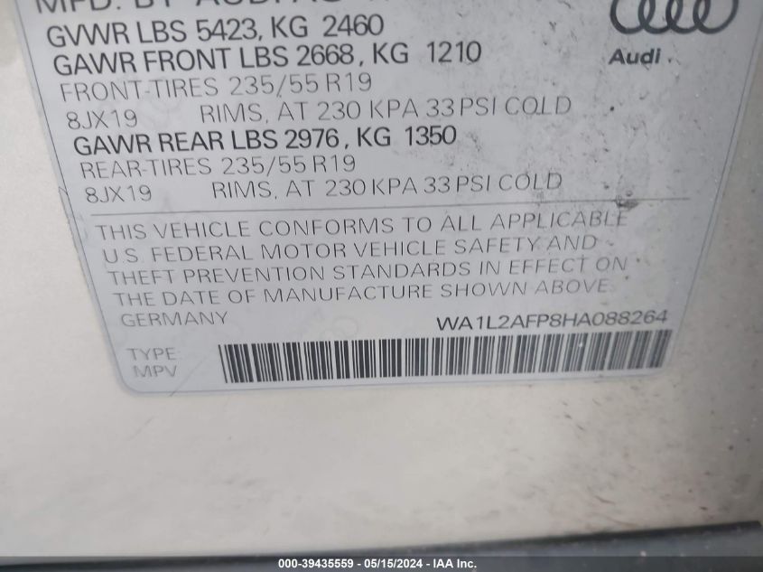 2017 Audi Q5 2.0T Premium VIN: WA1L2AFP8HA088264 Lot: 39435559