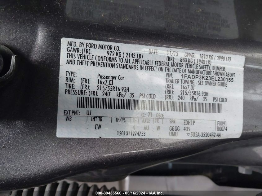 2014 Ford Focus Se VIN: 1FADP3K23EL230155 Lot: 39435560