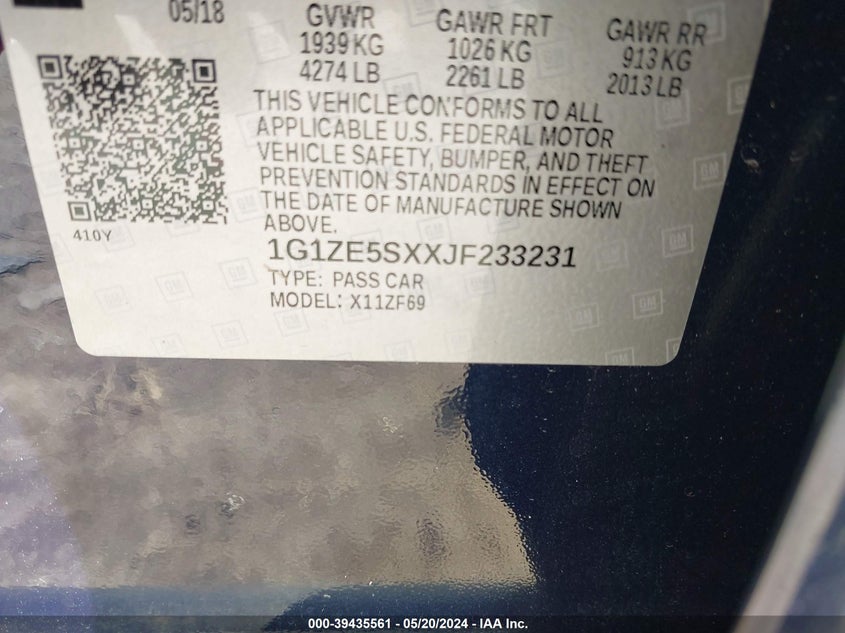 2018 Chevrolet Malibu Premier VIN: 1G1ZE5SXXJF233231 Lot: 39435561