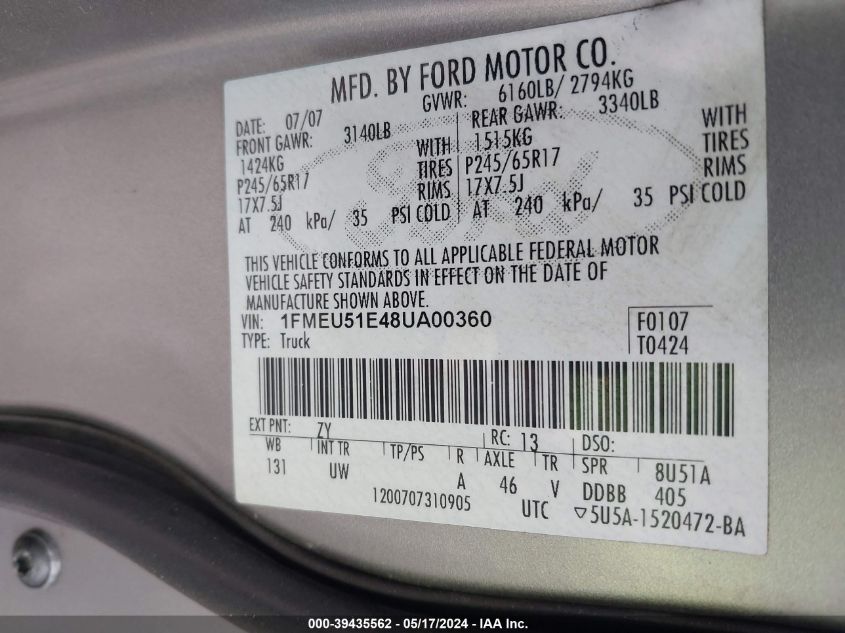 2008 Ford Explorer Sport Trac Xlt VIN: 1FMEU51E48UA00360 Lot: 39435562