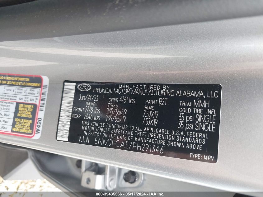 2023 Hyundai Tucson Sel VIN: 5NMJFCAE7PH291346 Lot: 39435566