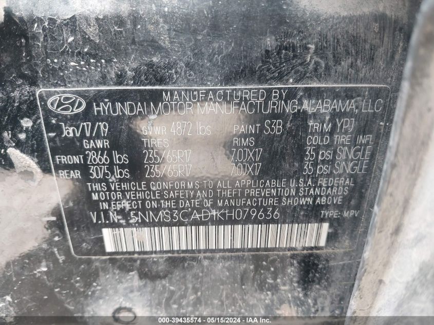 2019 Hyundai Santa Fe Sel VIN: 5NMS3CAD1KH079636 Lot: 39435574