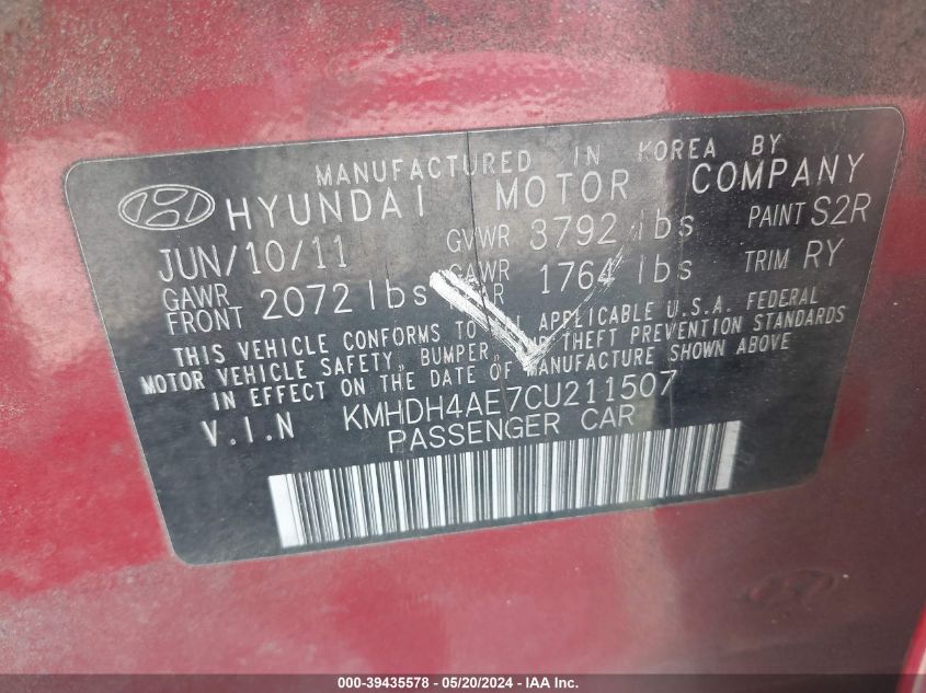 2012 Hyundai Elantra Limited (Ulsan Plant) VIN: KMHDH4AE7CU211507 Lot: 39435578