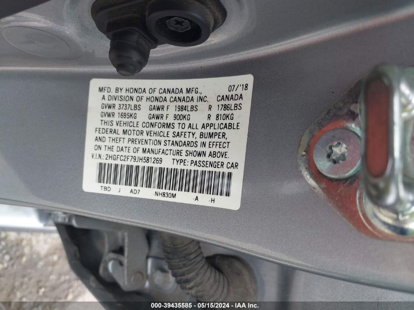 2018 Honda Civic Ex VIN: 2HGFC2F79JH581269 Lot: 39435585