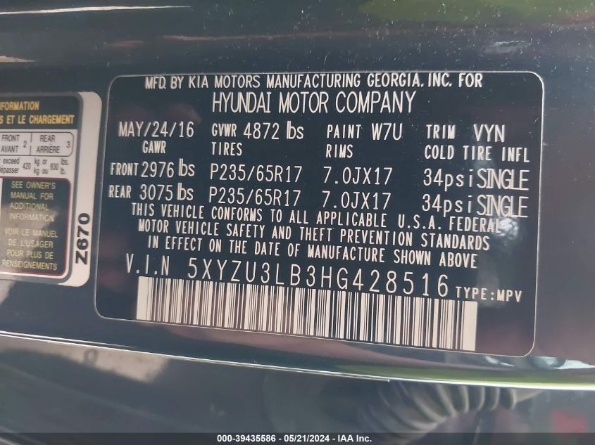 2017 Hyundai Santa Fe Sport 2.4L VIN: 5XYZU3LB3HG428516 Lot: 39435586