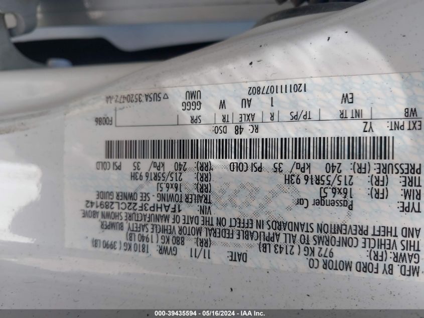 2012 Ford Focus Se VIN: 1FAHP3F22CL289142 Lot: 39435594