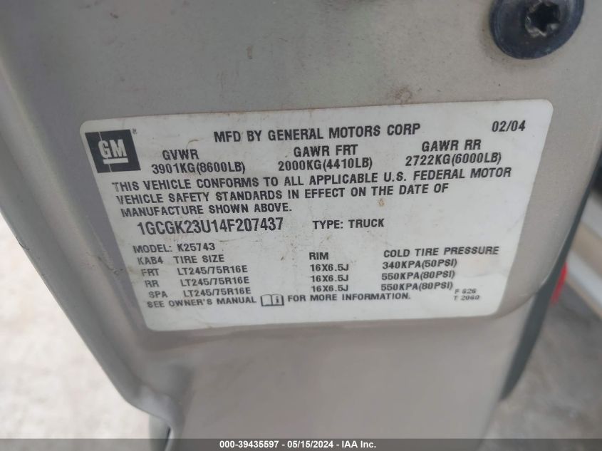 2004 Chevrolet Silverado 2500 Ls VIN: 1GCGK23U14F207437 Lot: 39435597