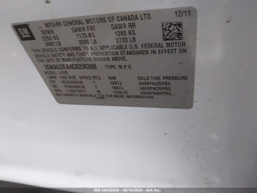 2012 GMC Terrain Slt-1 VIN: 2GKALUEK4C6236308 Lot: 39435600