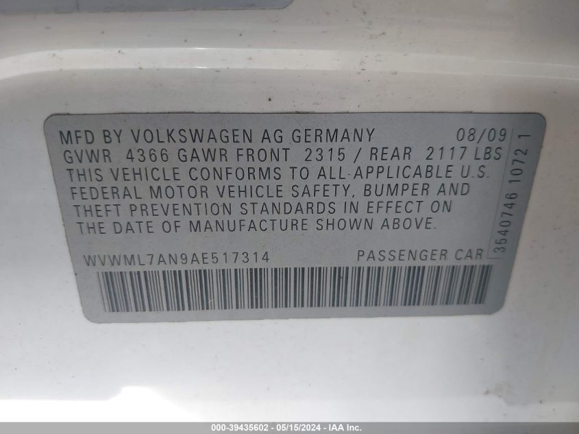 2010 Volkswagen Cc Sport VIN: WVWML7AN9AE517314 Lot: 39435602