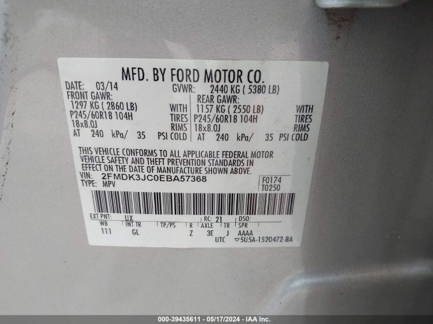 2014 Ford Edge Sel VIN: 2FMDK3JC0EBA57368 Lot: 39435611