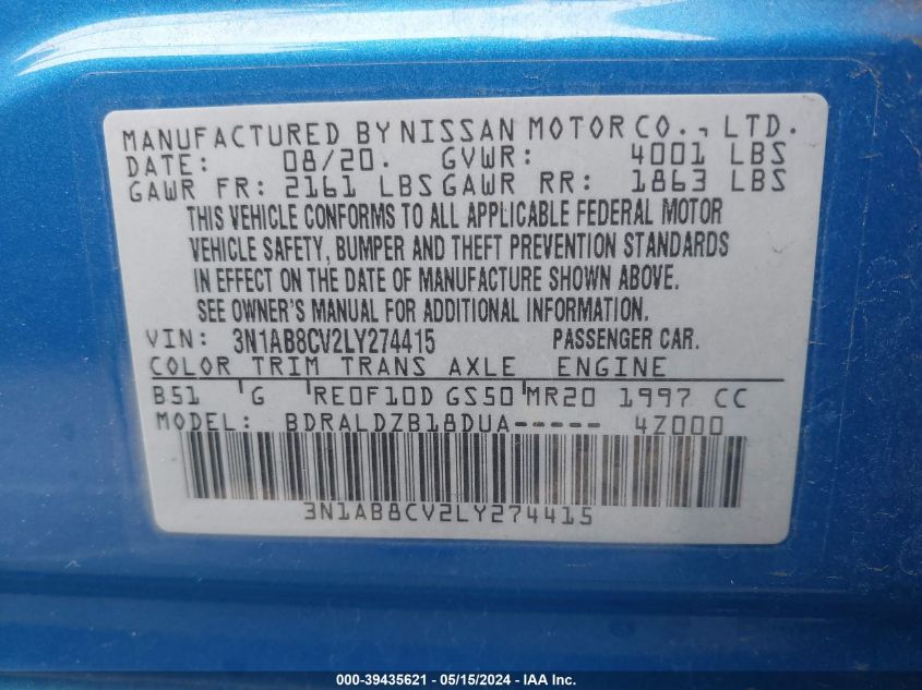 2020 Nissan Sentra Sv Xtronic Cvt VIN: 3N1AB8CV2LY274415 Lot: 39435621