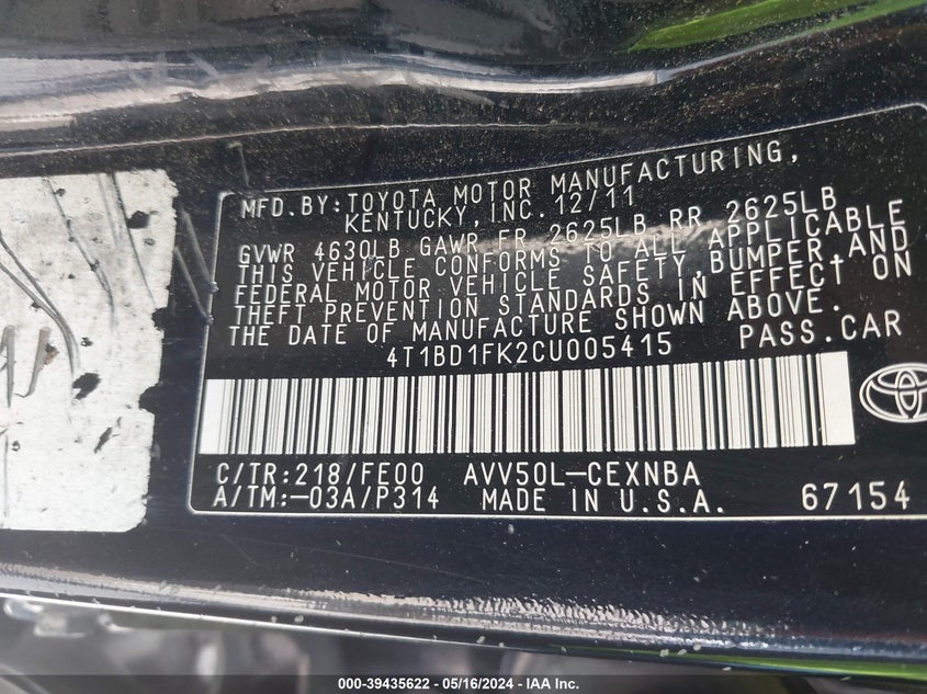 2012 Toyota Camry Hybrid Le VIN: 4T1BD1FK2CU005415 Lot: 39435622