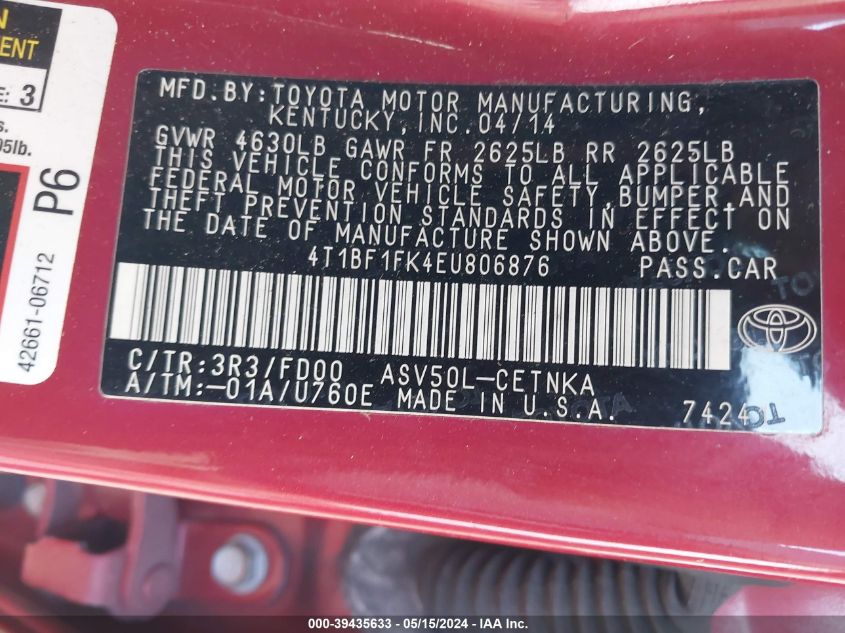 2014 Toyota Camry Le VIN: 4T1BF1FK4EU806876 Lot: 39435633