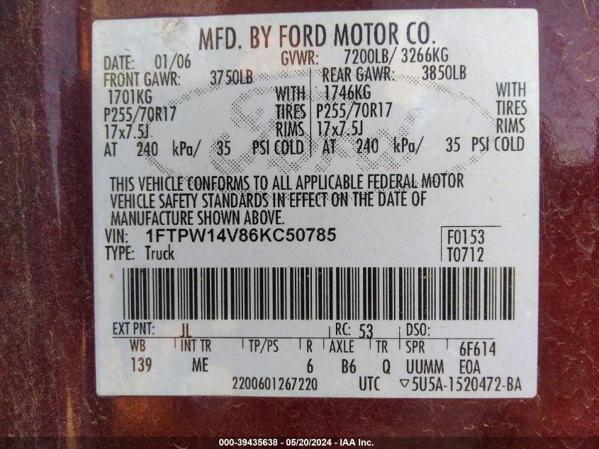 2006 Ford F-150 Fx4/Lariat/Xlt VIN: 1FTPW14V86KC50785 Lot: 39435638