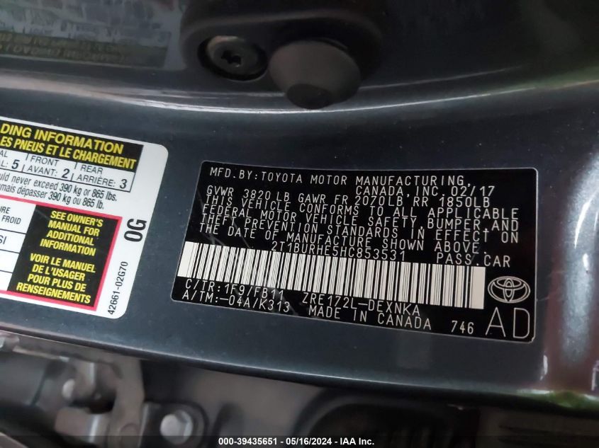 2017 Toyota Corolla Le VIN: 2T1BURHE5HC853531 Lot: 39435651