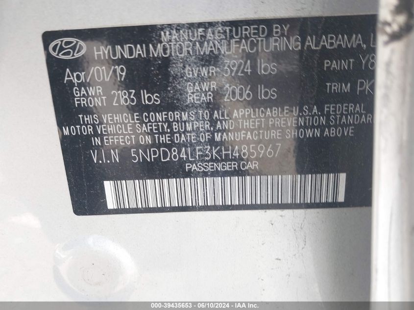 2019 Hyundai Elantra Value Edition VIN: 5NPD84LF3KH485967 Lot: 39435653