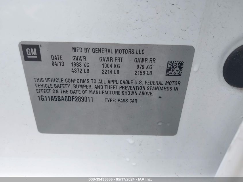 2013 Chevrolet Malibu 1Fl VIN: 1G11A5SA0DF289011 Lot: 39435666