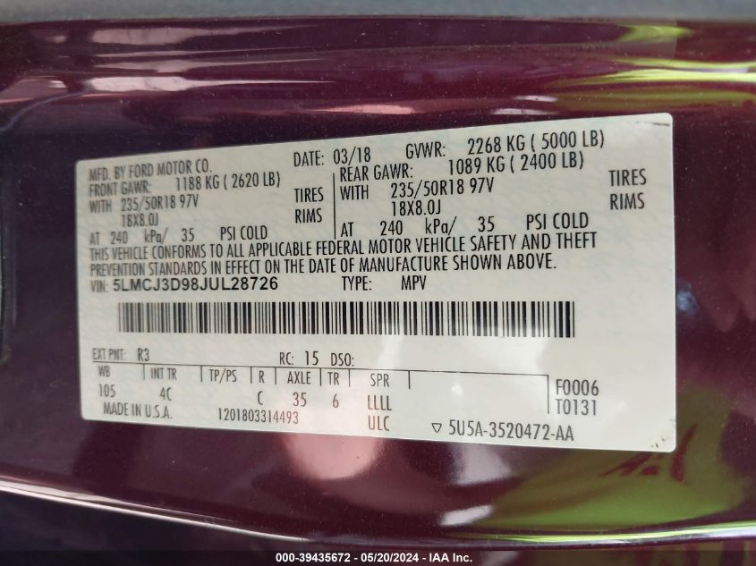 2018 LINCOLN MKC RESERVE - 5LMCJ3D98JUL28726