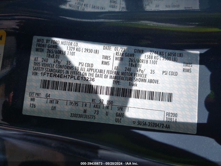 2023 Ford Ranger Xlt VIN: 1FTER4EH7PLE13236 Lot: 39435673