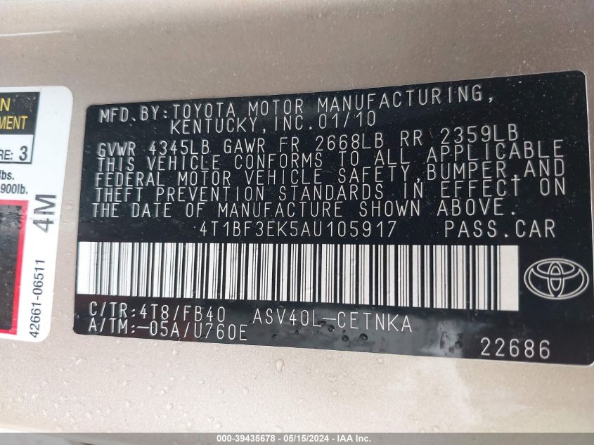 2010 Toyota Camry Le VIN: 4T1BF3EK5AU105917 Lot: 39435678