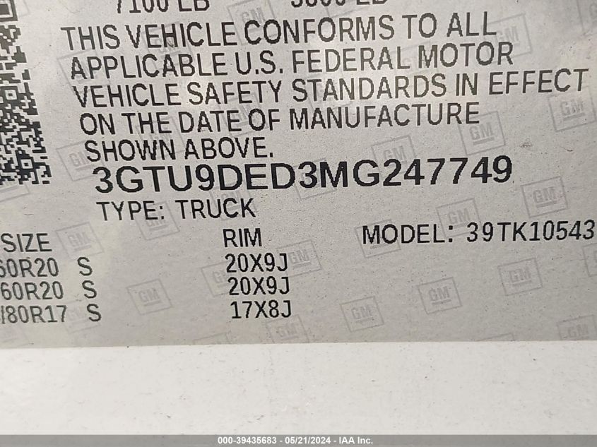 2021 GMC Sierra 1500 4Wd Short Box Slt VIN: 3GTU9DED3MG247749 Lot: 39435683
