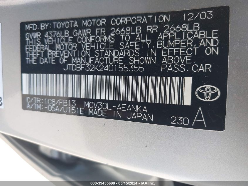 2004 Toyota Camry Le V6/Xle V6 VIN: JTDBF32K240155355 Lot: 39435690