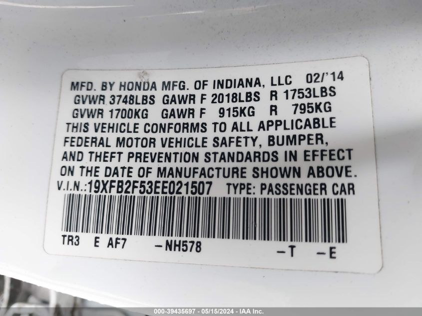 2014 Honda Civic Lx VIN: 19XFB2F53EE021507 Lot: 39435697