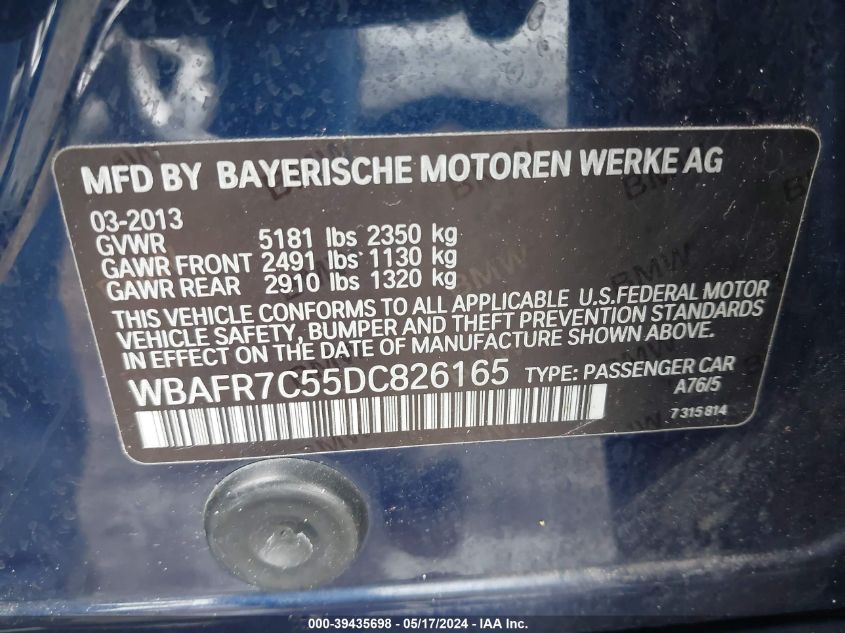 2013 BMW 535I VIN: WBAFR7C55DC826165 Lot: 39435698