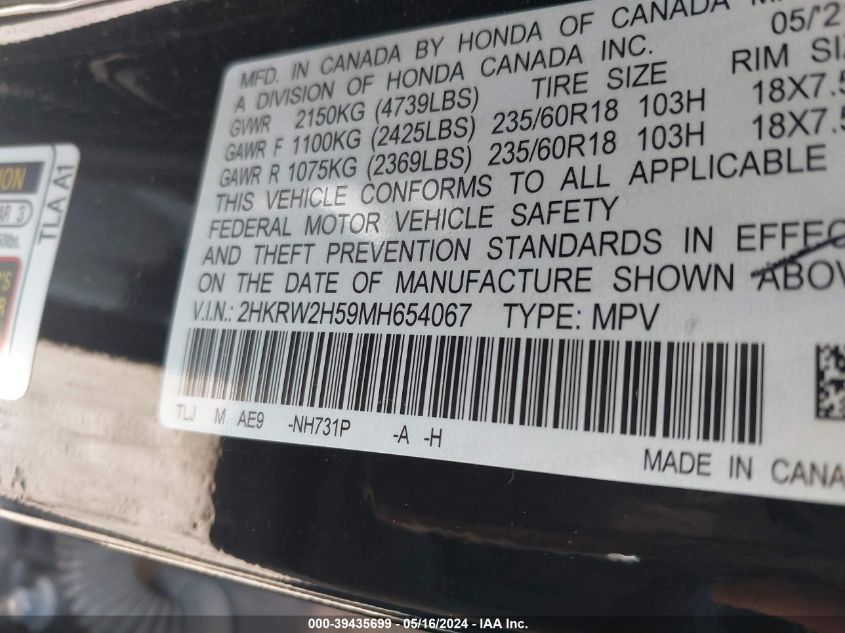 2021 Honda Cr-V Awd Ex VIN: 2HKRW2H59MH654067 Lot: 39435699