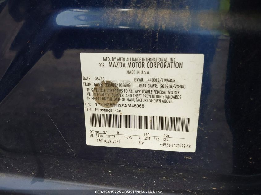 2010 Mazda Mazda6 VIN: 1YVHZ8BH9A5M45068 Lot: 39435725