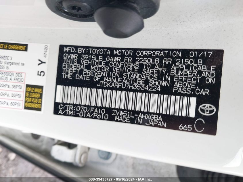 2017 Toyota Prius Three VIN: JTDKARFU7H3534224 Lot: 39435727