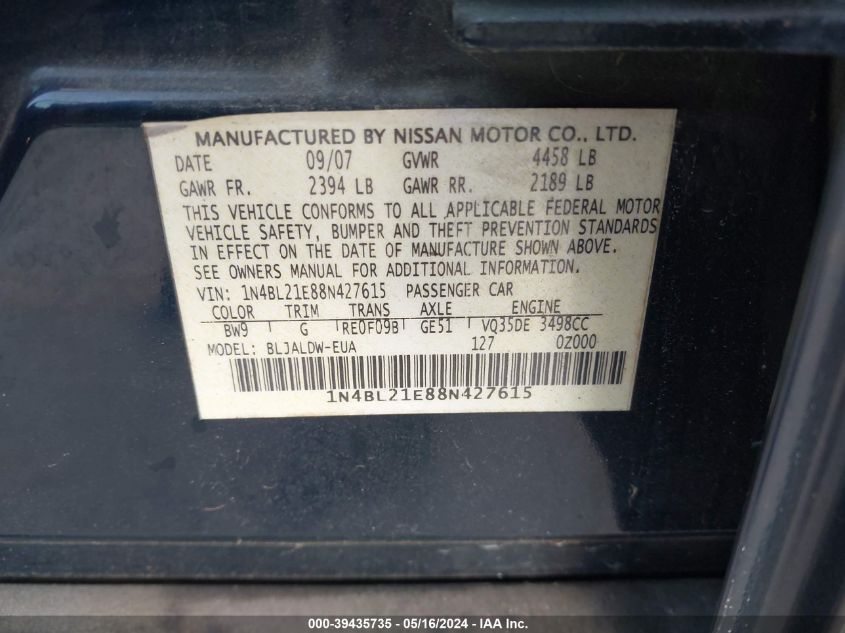 2008 Nissan Altima 3.5 Se VIN: 1N4BL21E88N427615 Lot: 39435735