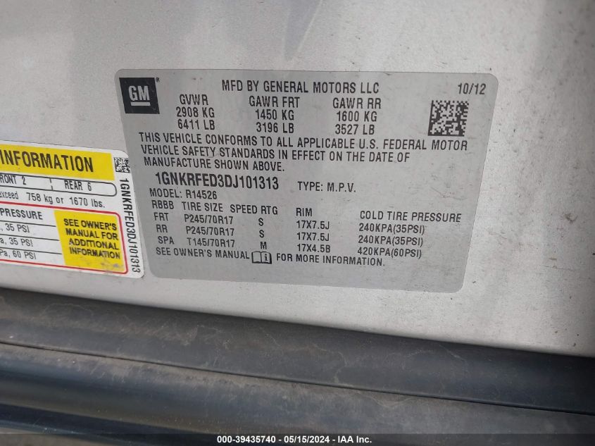 2013 Chevrolet Traverse Ls VIN: 1GNKRFED3DJ101313 Lot: 39435740