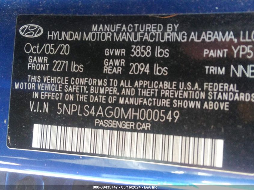 VIN 5NPLS4AG0MH000549 2021 HYUNDAI ELANTRA SEL