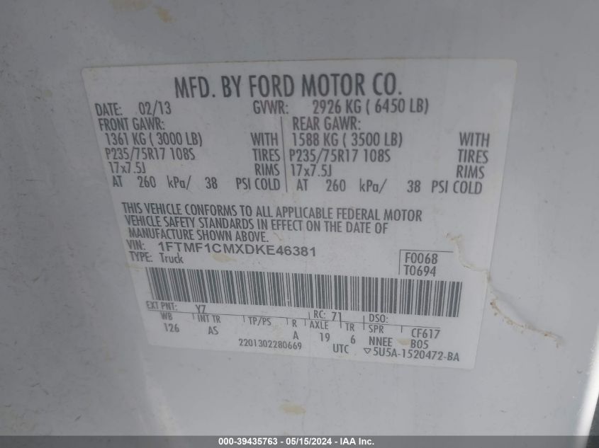 2013 Ford F-150 Xl VIN: 1FTMF1CMXDKE46381 Lot: 39435763