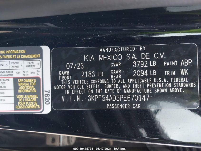 2023 Kia Forte Gt-Line VIN: 3KPF54AD5PE670147 Lot: 39435775