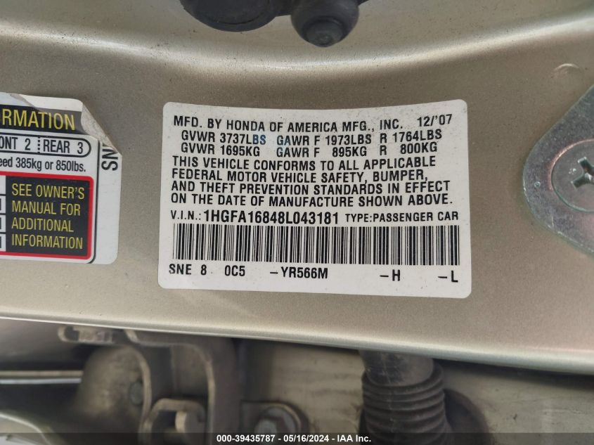 2008 Honda Civic Ex VIN: 1HGFA16848L043181 Lot: 39435787