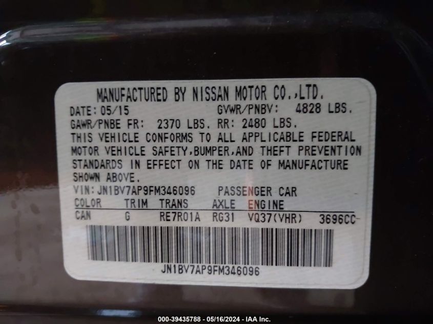 2015 Infiniti Q50 VIN: JN1BV7AP9FM346096 Lot: 39435788