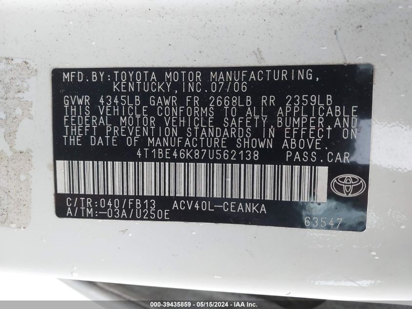 2007 Toyota Camry Le VIN: 4T1BE46K87U562138 Lot: 39435859