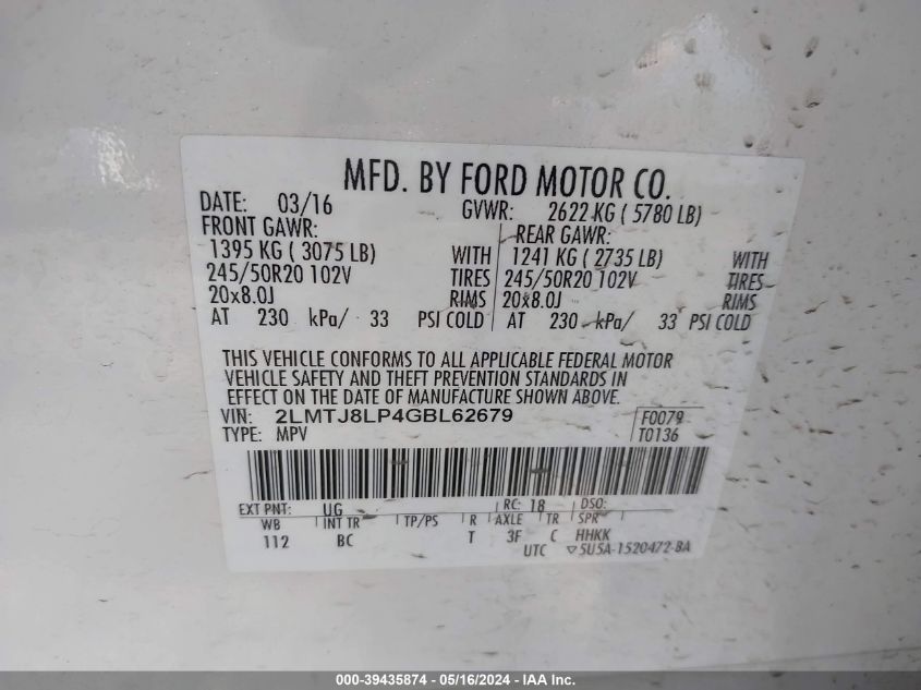 2016 Lincoln Mkx Reserve VIN: 2LMTJ8LP4GBL62679 Lot: 39435874