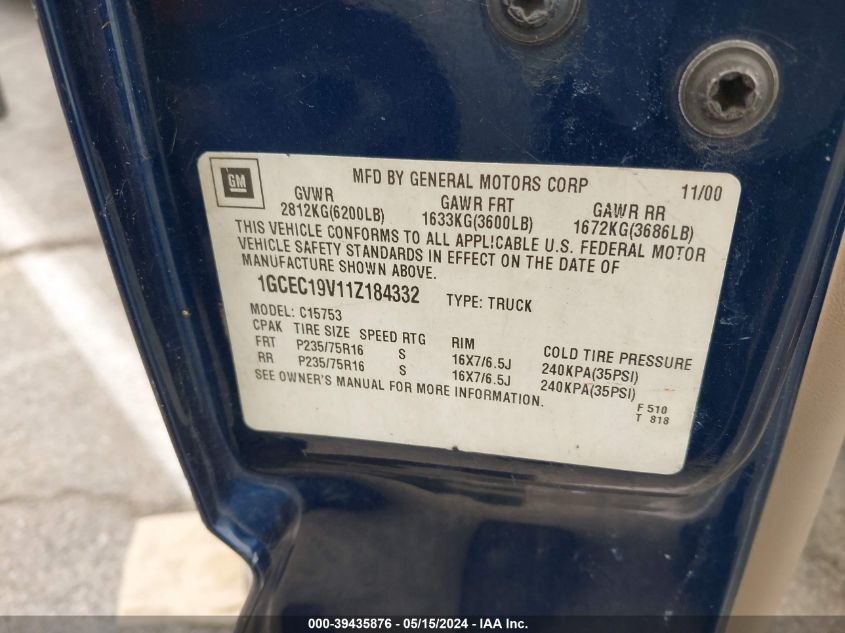 2001 Chevrolet Silverado 1500 Ls VIN: 1GCEC19V11Z184332 Lot: 39435876