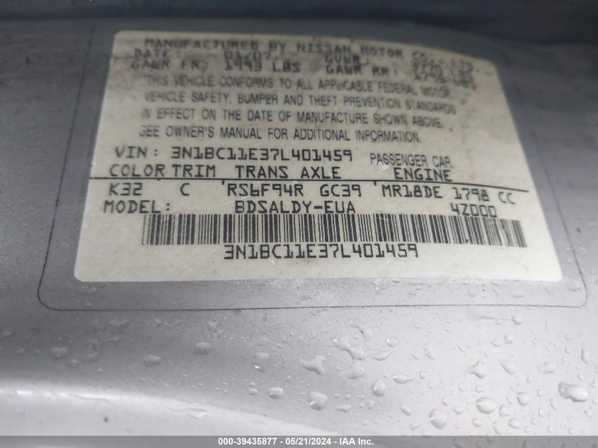 2007 Nissan Versa 1.8S VIN: 3N1BC11E37L401459 Lot: 39435877